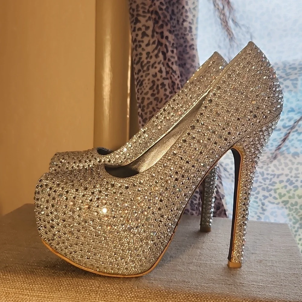 Bling Silver High Heel Platform Pump 8 5